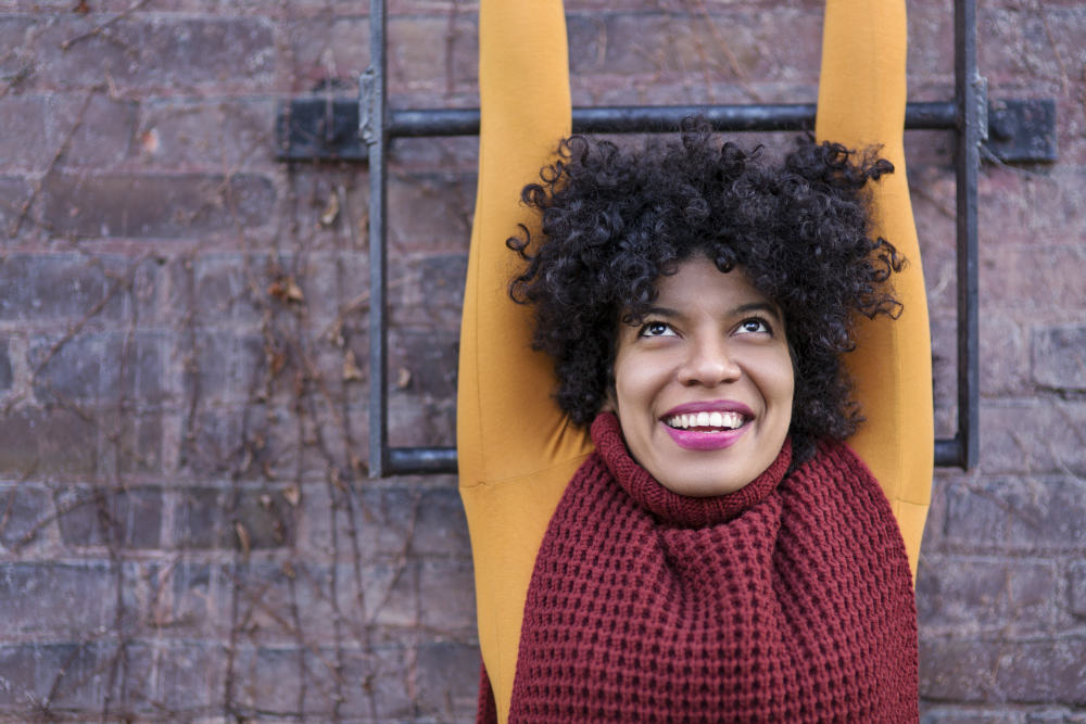 woman hanging happy