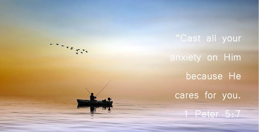 1 Peter 5:7 on fishing silhouette background